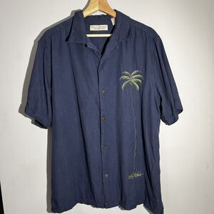 Men XL Hawaiian Shirt 100% Silk Tropical Blue Cruise Vacation Palm embroidered
